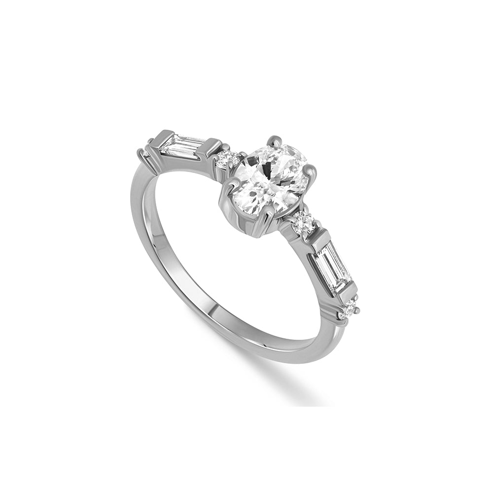 Engagement ring set with laboratory diamonds, central oval stone 0.70ct and baguette and side round diamonds