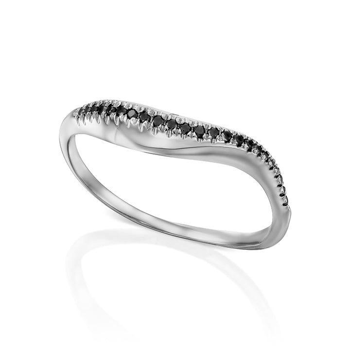 A thick wave ring set with a row of black diamonds