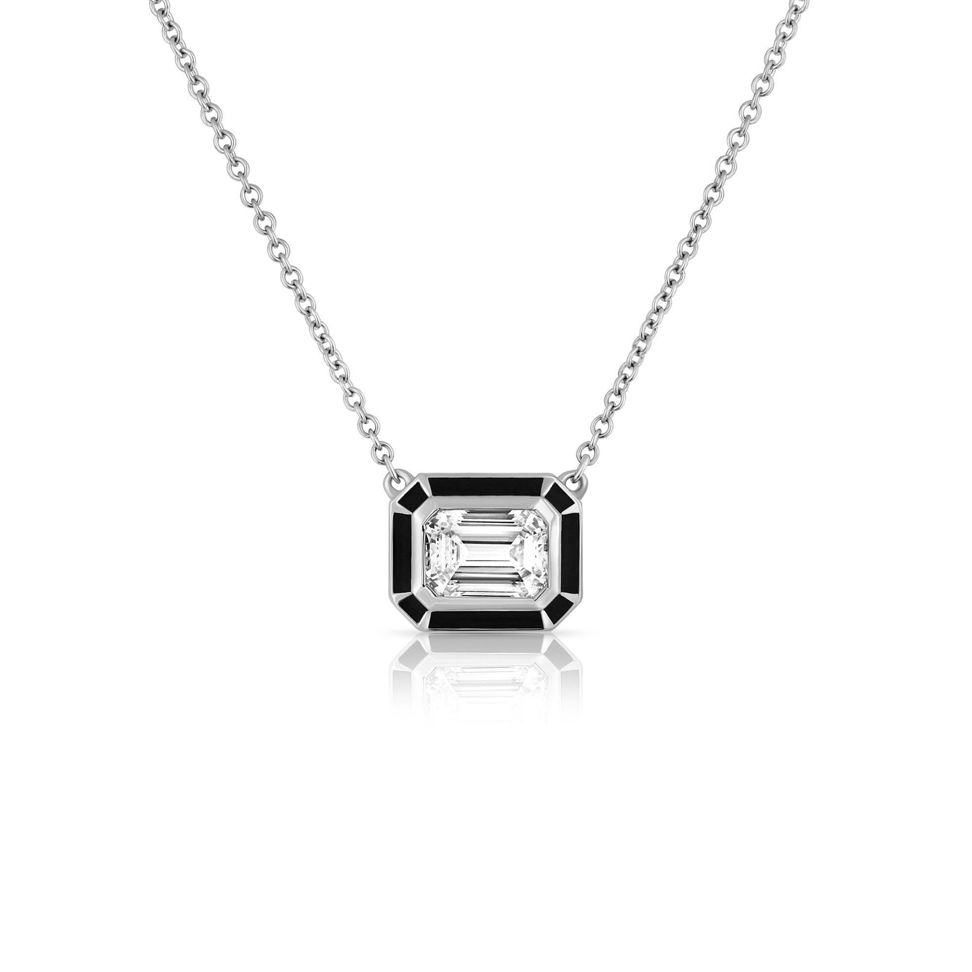 A special classic gold necklace with a 1 carat emerald cut laboratory diamond in a special enamel frame