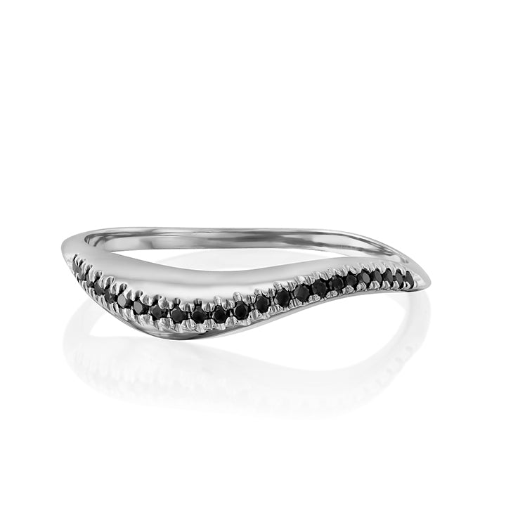 A thick wave ring set with a row of black diamonds