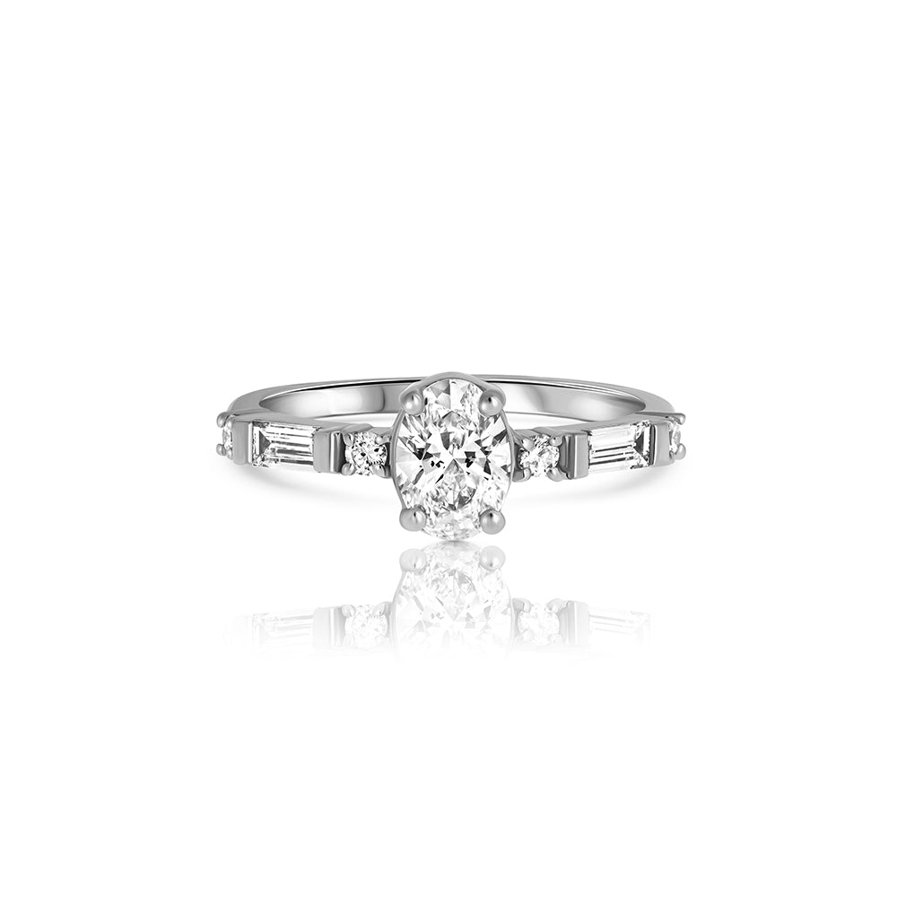 Engagement ring set with laboratory diamonds, central oval stone 0.70ct and baguette and side round diamonds