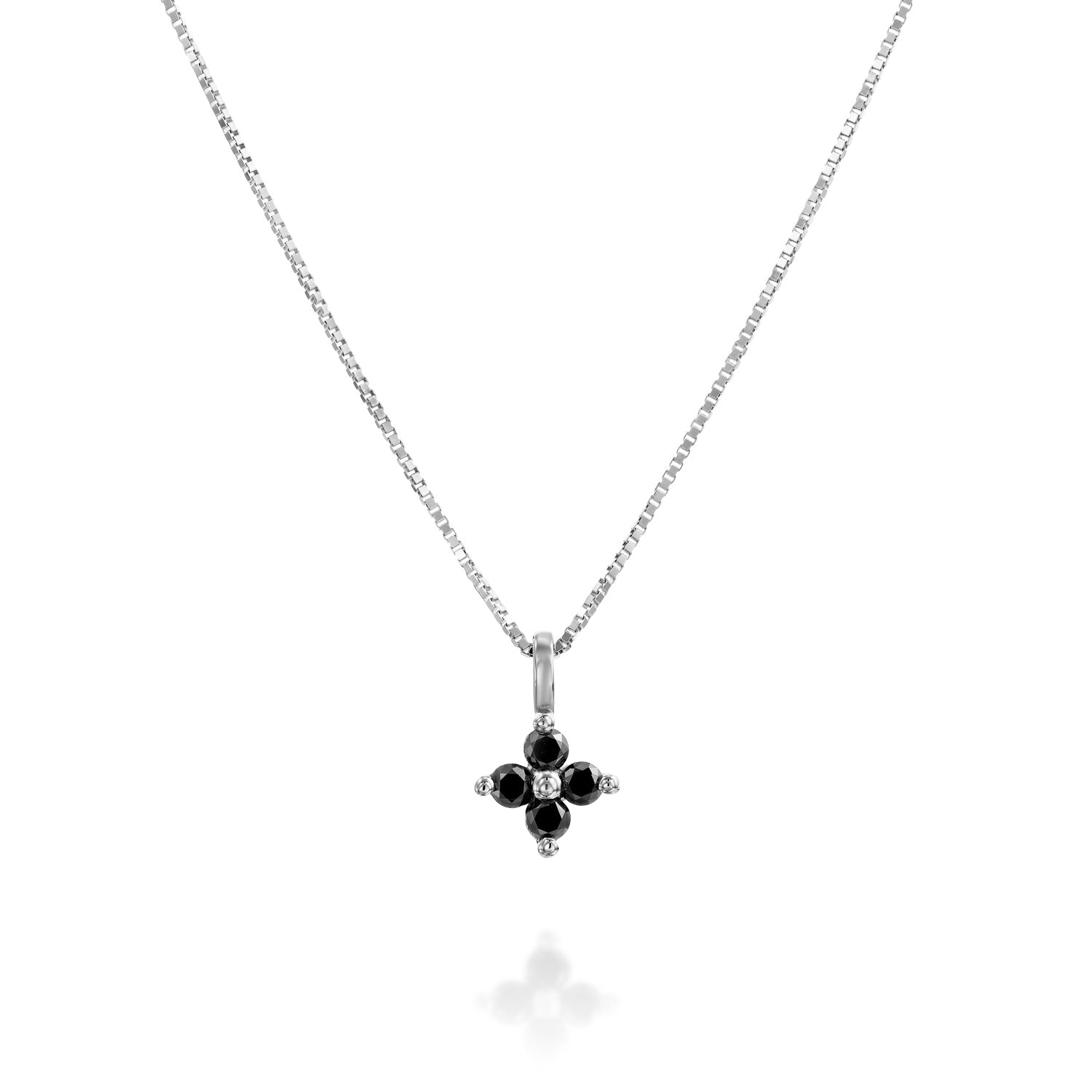 Fine gold necklace with a flower pendant inlaid with 4 black diamonds