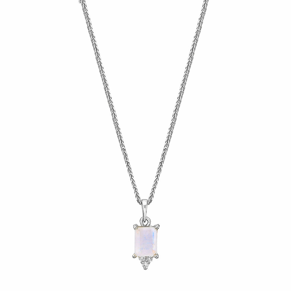 Gold necklace with moonstone inlaid pendant in emerald cut and diamonds