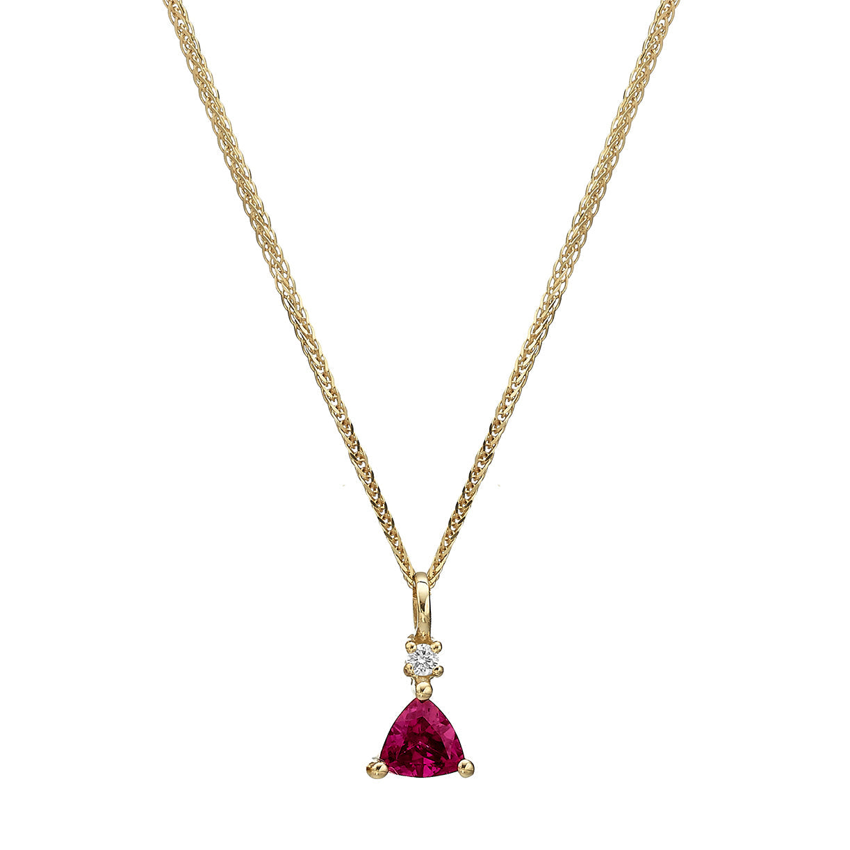 Gold necklace with rhodolite and diamond studded pendant