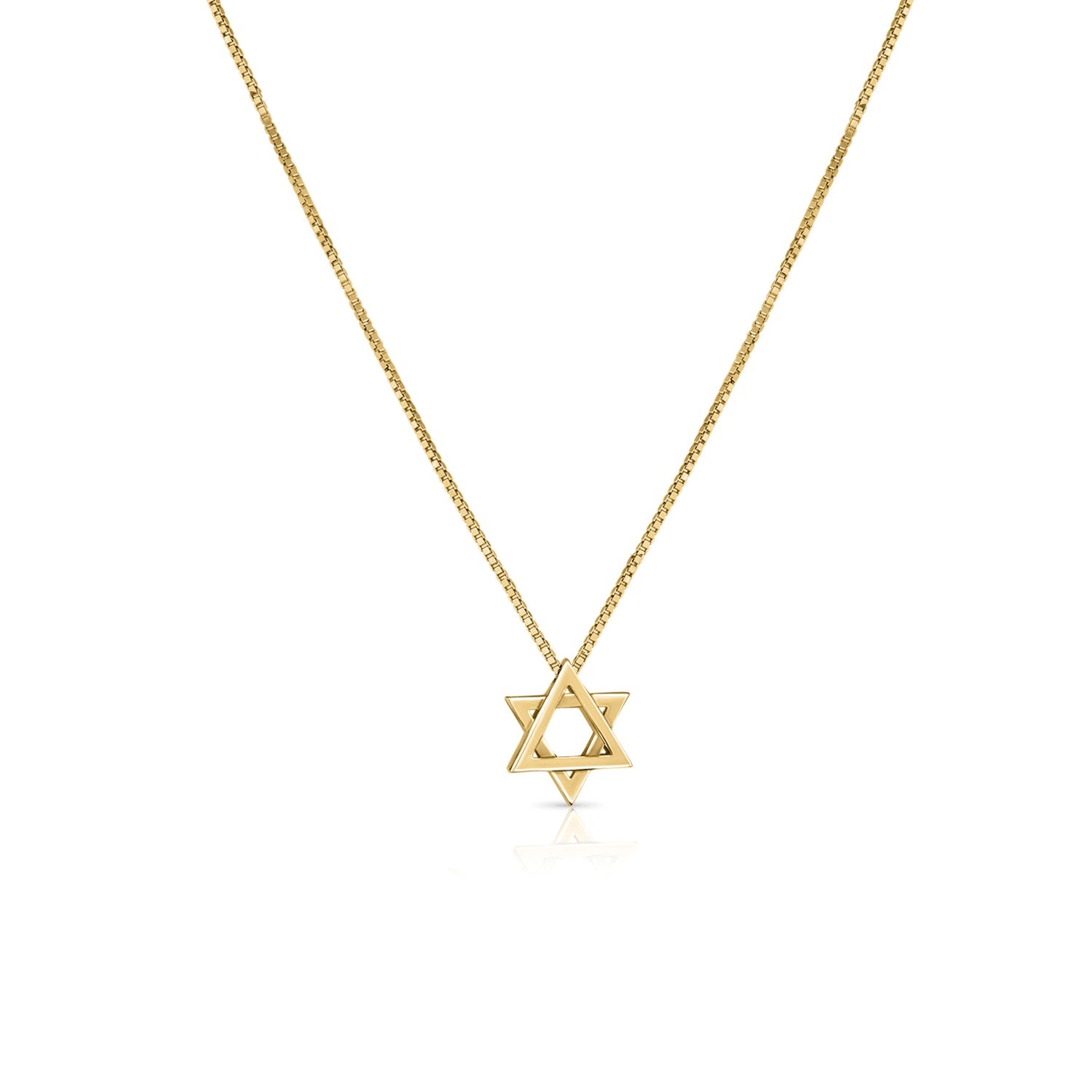 A gold chain with a small gold Star of David pendant threaded onto a gold chain