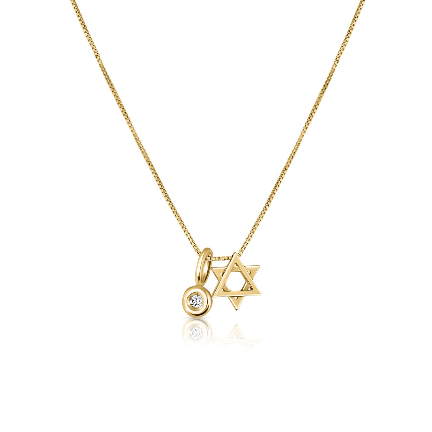 A small gold Star of David pendant threaded onto a gold chain combined with a diamond pendant