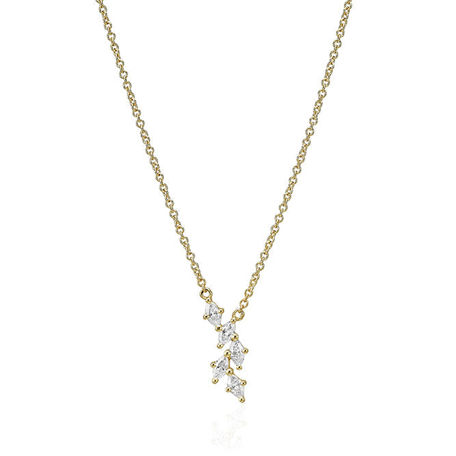 Gold chain with leaf pendant set with marquise-cut diamonds