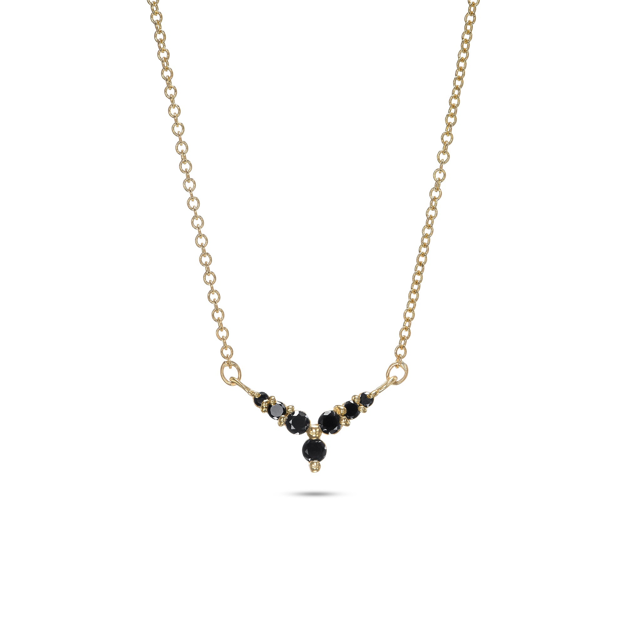 Gold and black diamond necklace with V pendant in a flower design