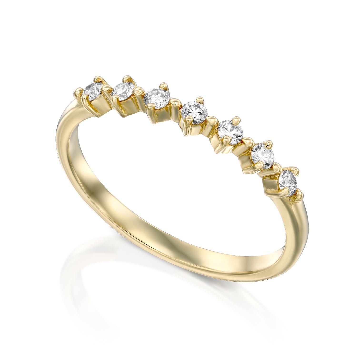 A delicate diamond ring set with 7 diamonds in a special setting