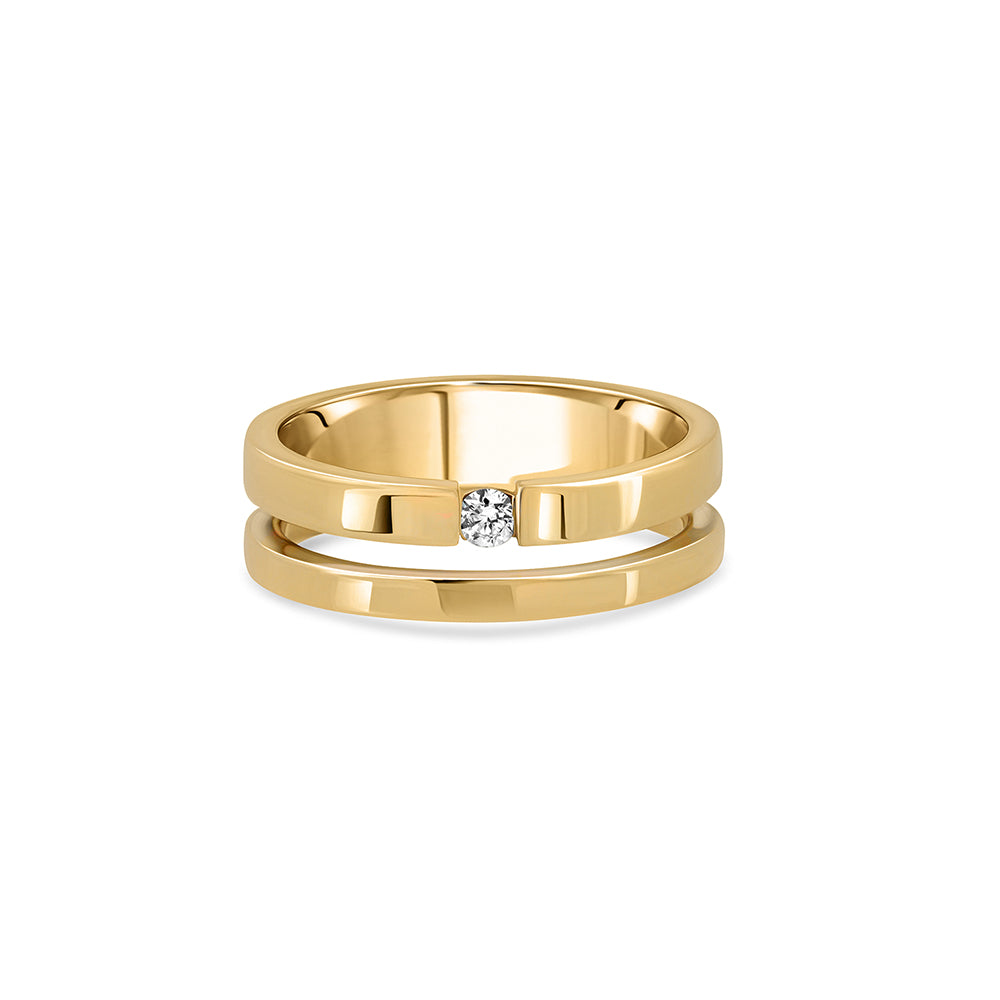 A double gold ring set with a round diamond weighing 5 points