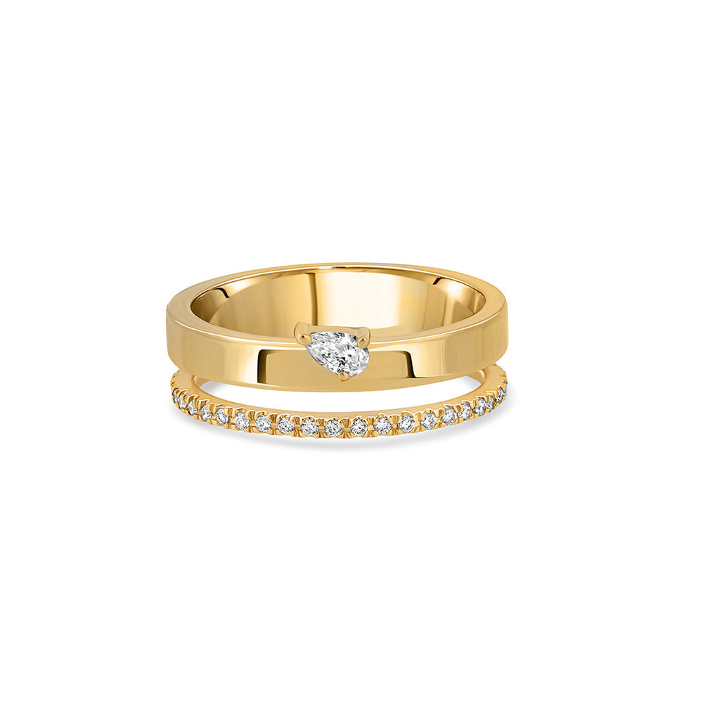 A double gold ring set with a row of diamonds and a drop-cut diamond weighing 10 points