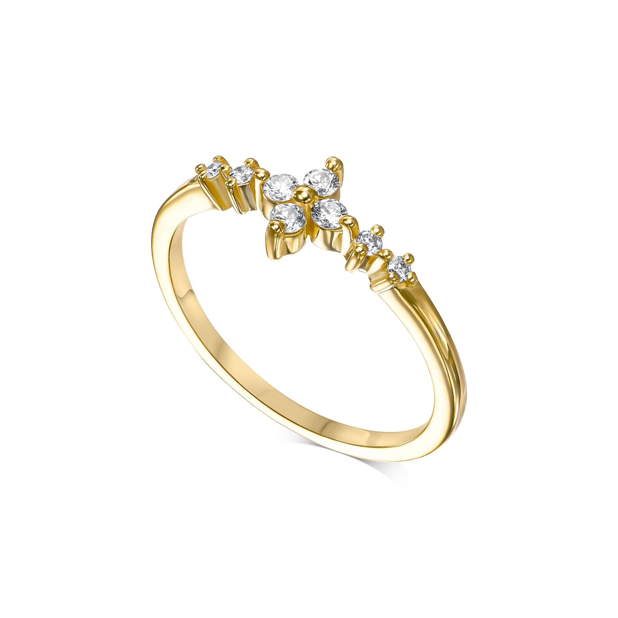 A delicate and rich gold ring studded with diamonds in the shape of a central flower and side diamonds