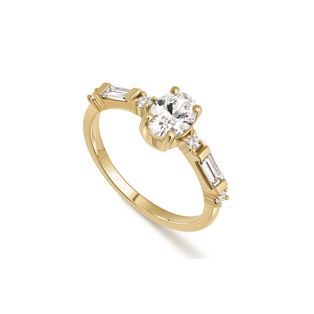 Engagement ring set with laboratory diamonds, central oval stone 0.70ct and baguette and side round diamonds