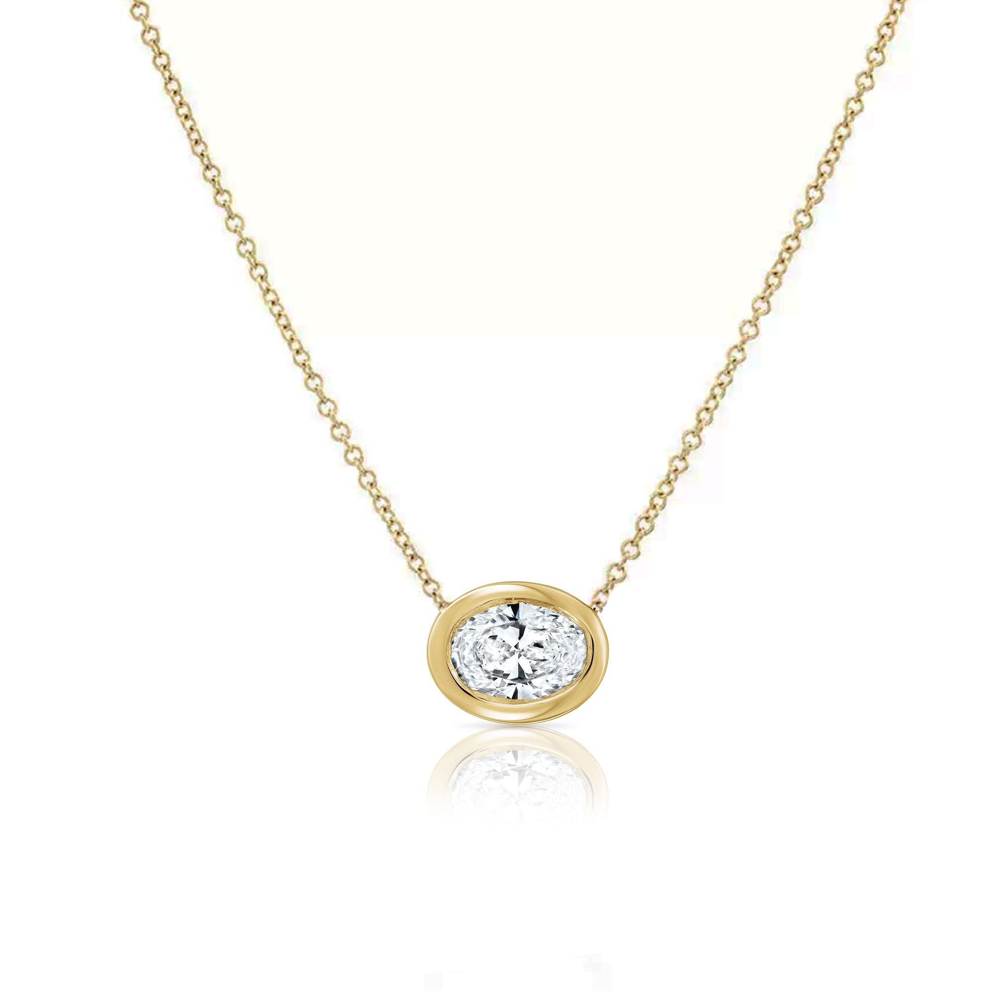 A classic gold necklace set with an oval-cut lab diamond