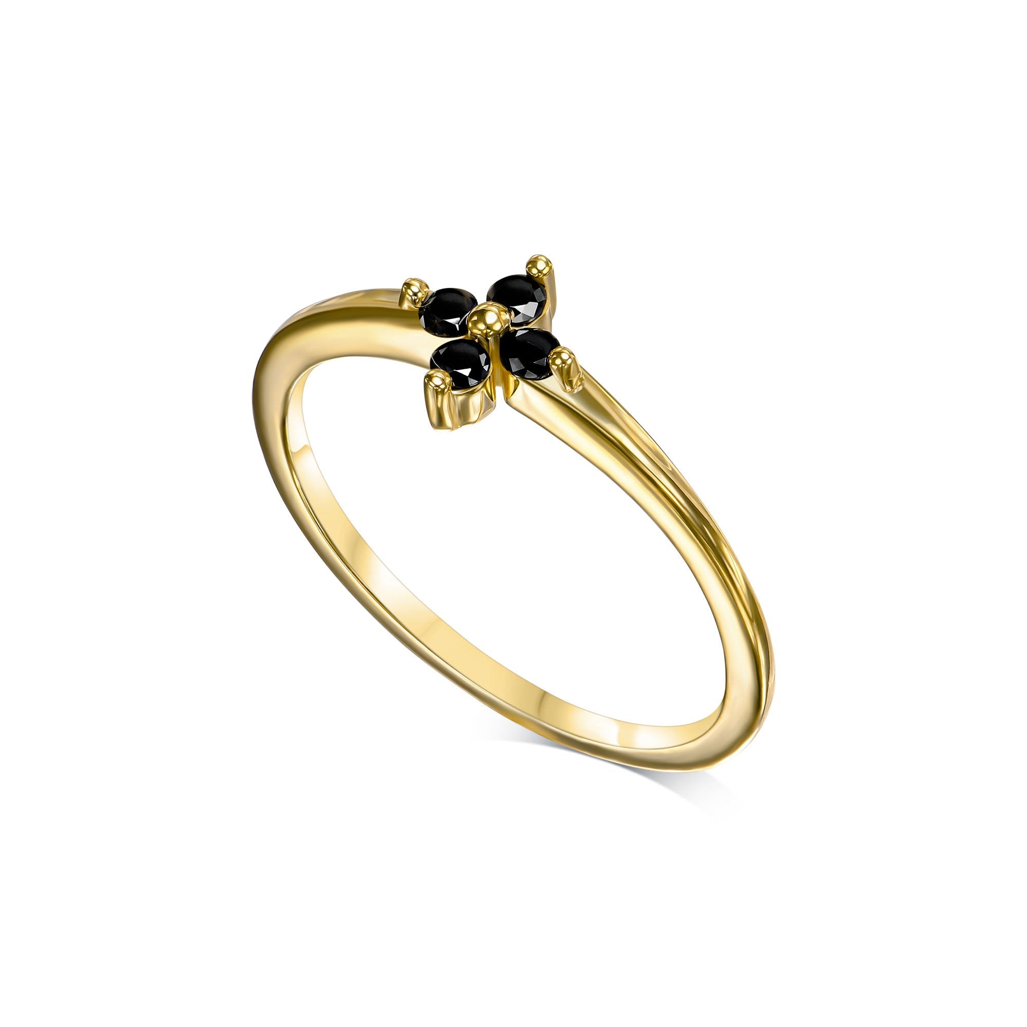Delicate gold ring with black diamonds in the shape of a flower