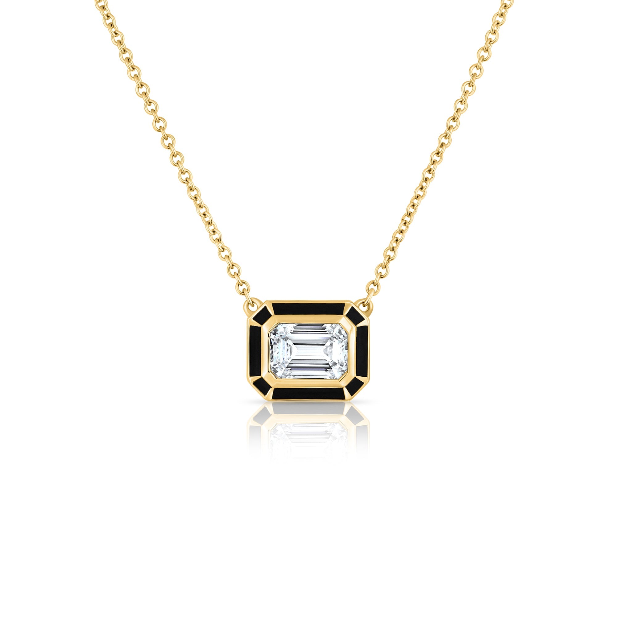 A special classic gold necklace with a 1 carat emerald cut laboratory diamond in a special enamel frame