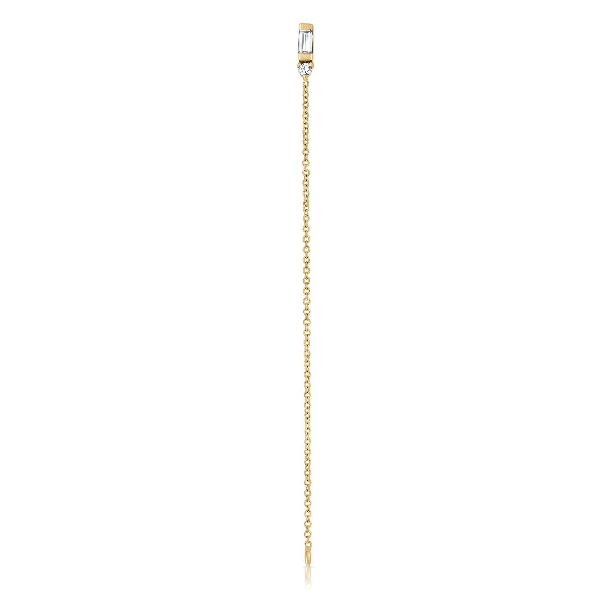 A special gold chain earring set with lab diamonds in a baguette and circle cut