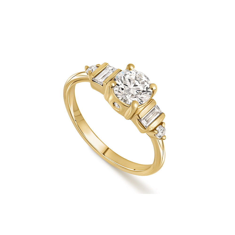 A gold engagement ring with laboratory diamonds combined with round diamonds in a luxurious design