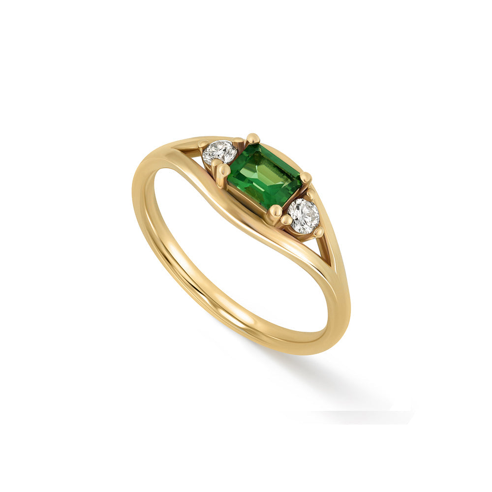 A special gold ring set with rectangular green tourmaline and white diamonds