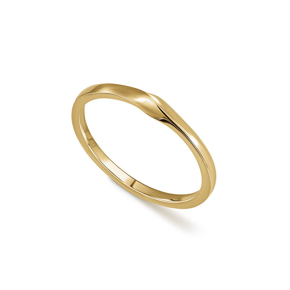 A thin wedding ring with a twist in the front part