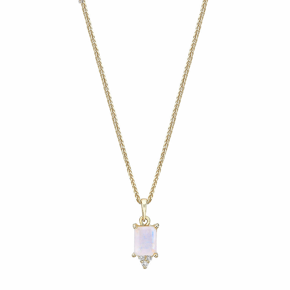 Gold necklace with moonstone inlaid pendant in emerald cut and diamonds