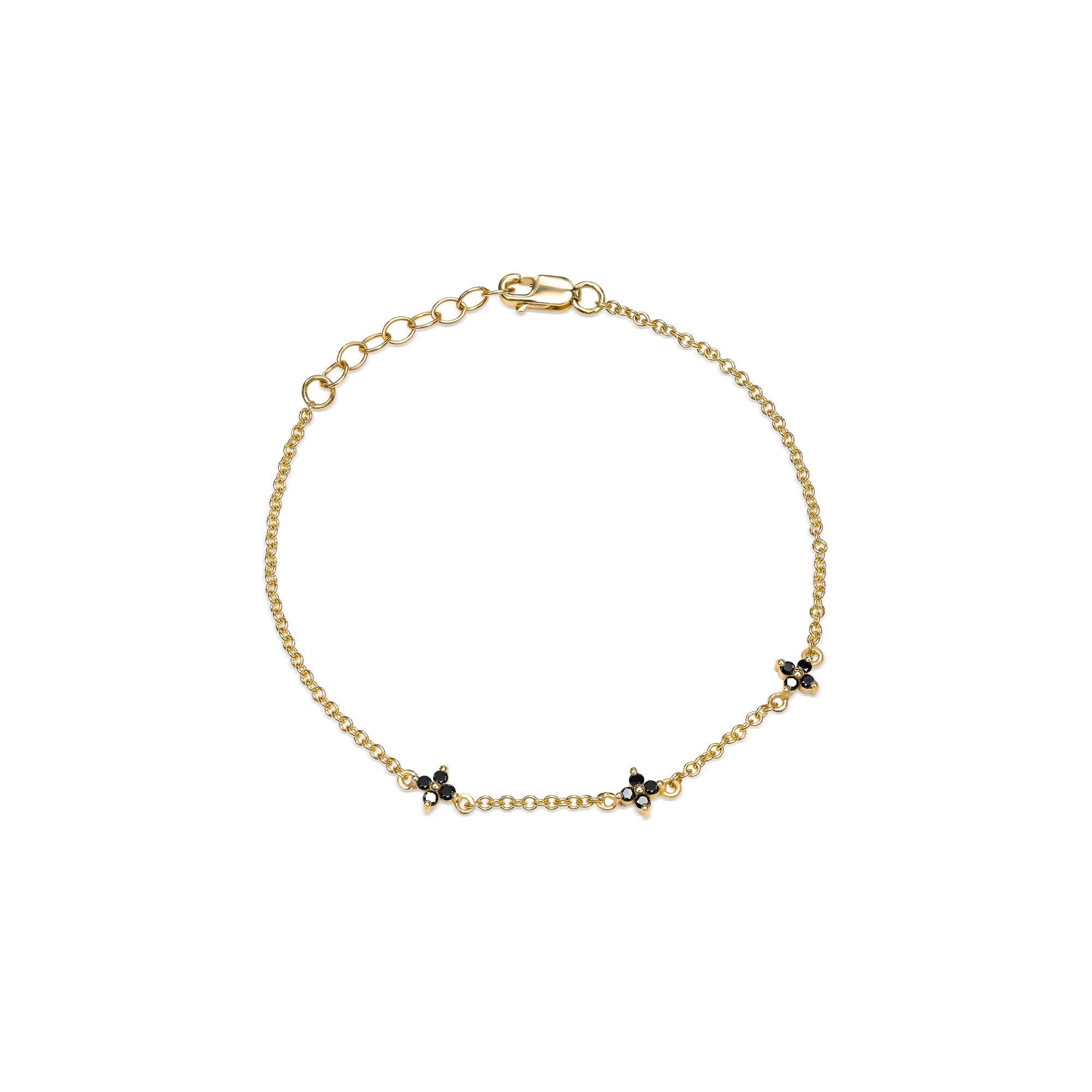 Gold bracelet with black diamonds and 3 flower pendants
