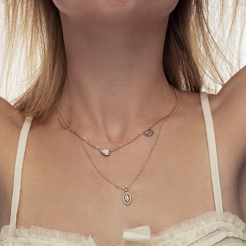 Vintage style marquise-cut lab diamond set gold necklace