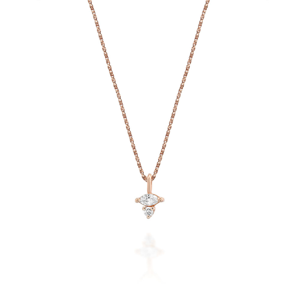 Fine gold chain with a diamond pendant combined with a marquise-cut diamond (7 points) and a round diamond