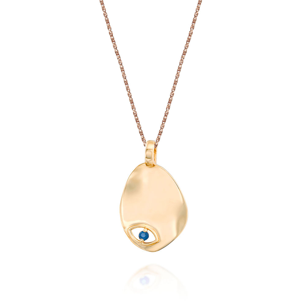 Gold necklace with an amorphous pendant with a sapphire inlaid eye decoration