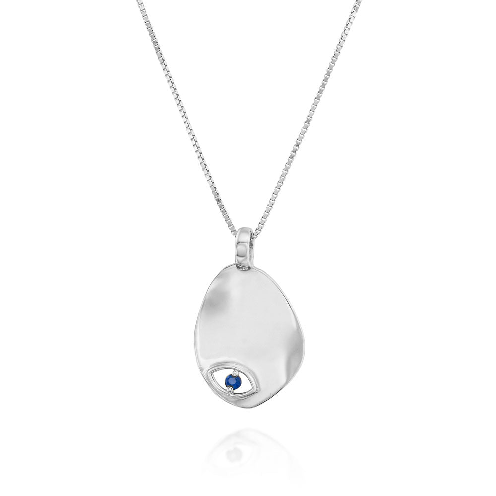 Gold necklace with an amorphous pendant with a sapphire inlaid eye decoration