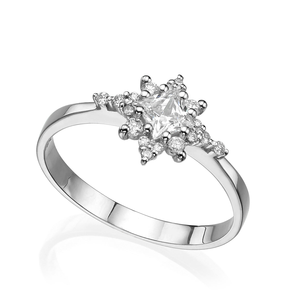 A diamond star ring with a central brilliant cut diamond